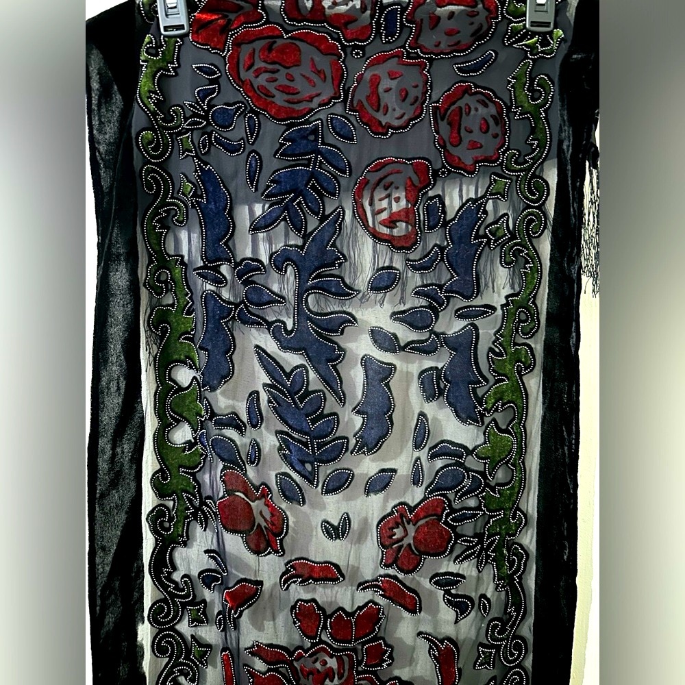 Table Runner/Scarf - Burnt Out Pattern Velvet Floral with Fringe 62 x 17